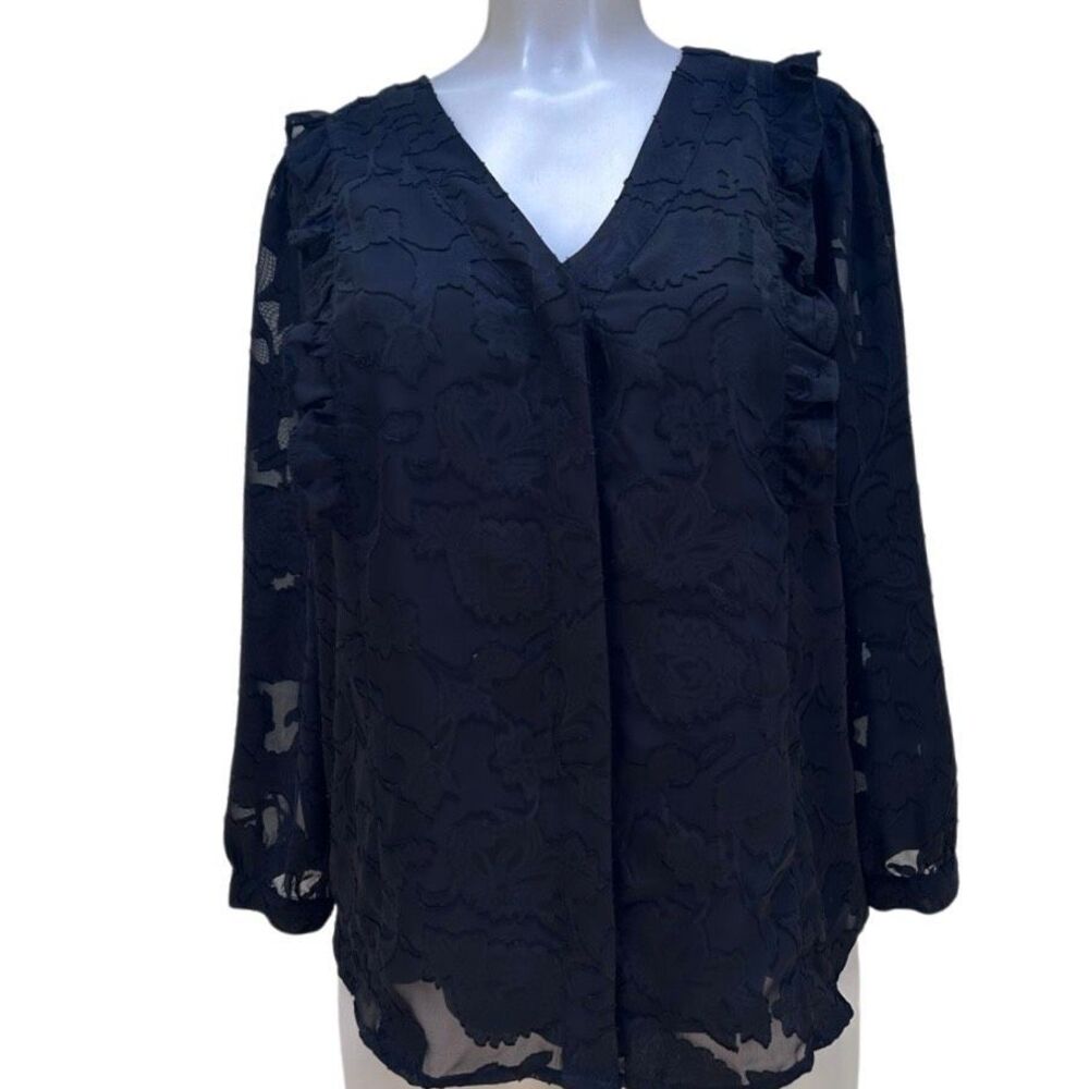 NWT Simply Vera Vera Wang Blouse Women's Large Black V-neck Ruffle Long Sleeve